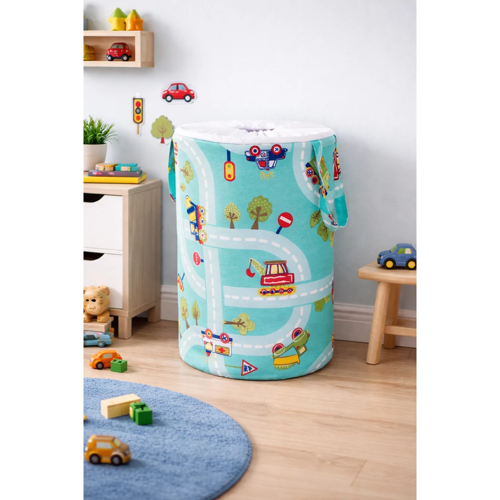 Szennyestartó - játéktároló - türkiz kisautós