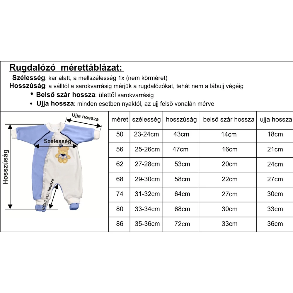 Rugdalózó mérettáblázat