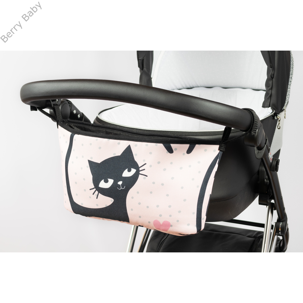 Babakocsira rögzíthető tároló táska - fekete cicás