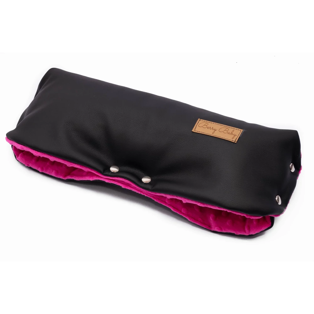 Babakocsira rögzíthető  kesztyű - Fekete ECO bőr - pink minky