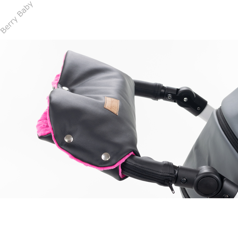 Babakocsi kesztyű - fekete Eco bőr – pink minky