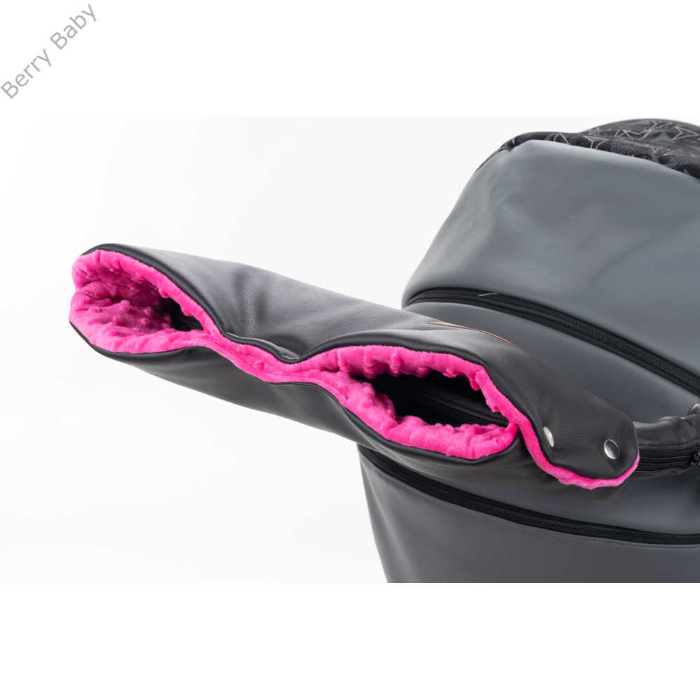Babakocsira rögzíthető  kesztyű - Fekete ECO bőr - pink minky