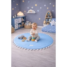 Kerek szőnyeg pomponnal babakék színben 140 cm